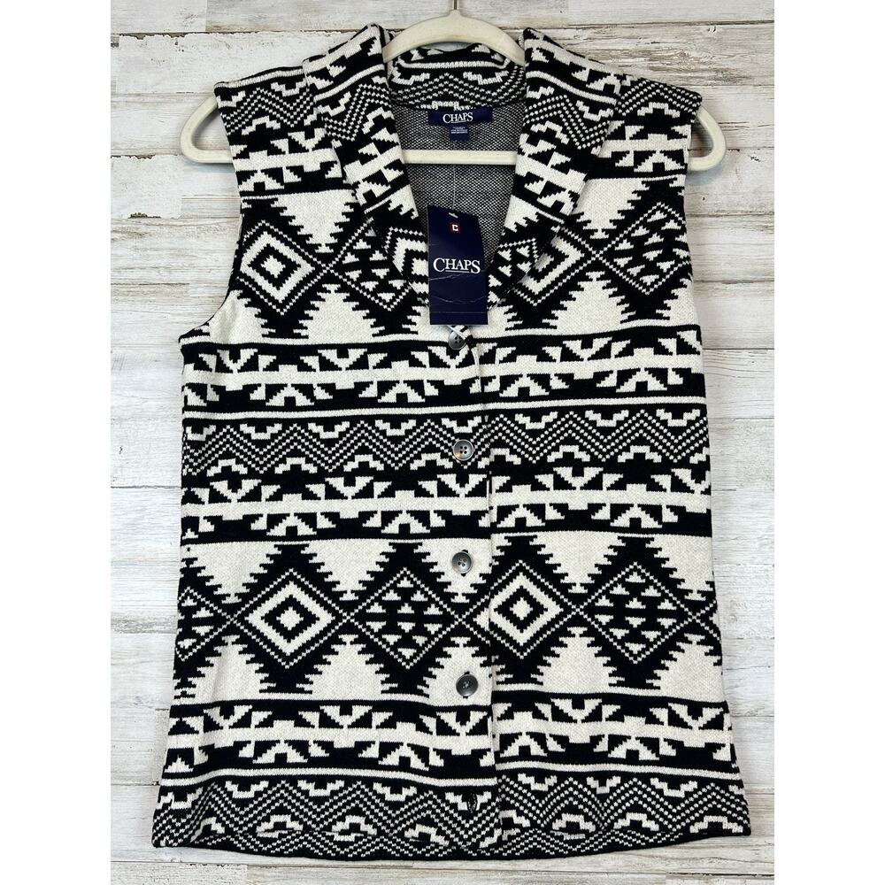 Chaps Womens Aztec Southwestern Sweater Vest Sm Black White Cotton Collared NWT